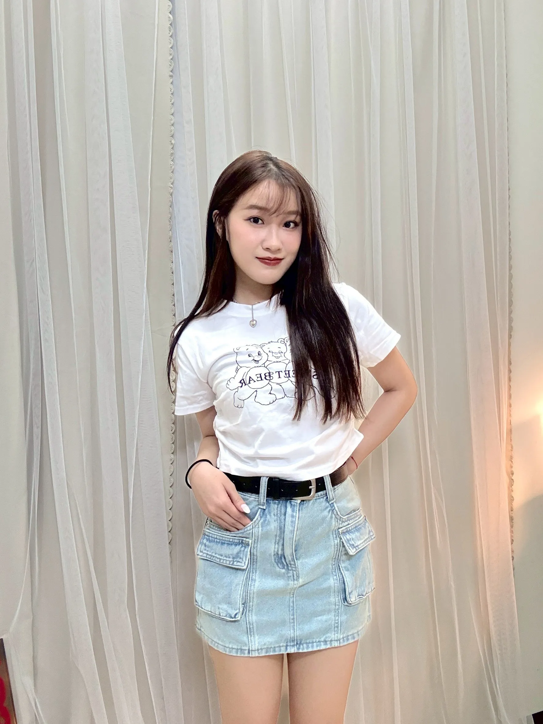 不透白T-正韓側抓皺彩虹熊上衣