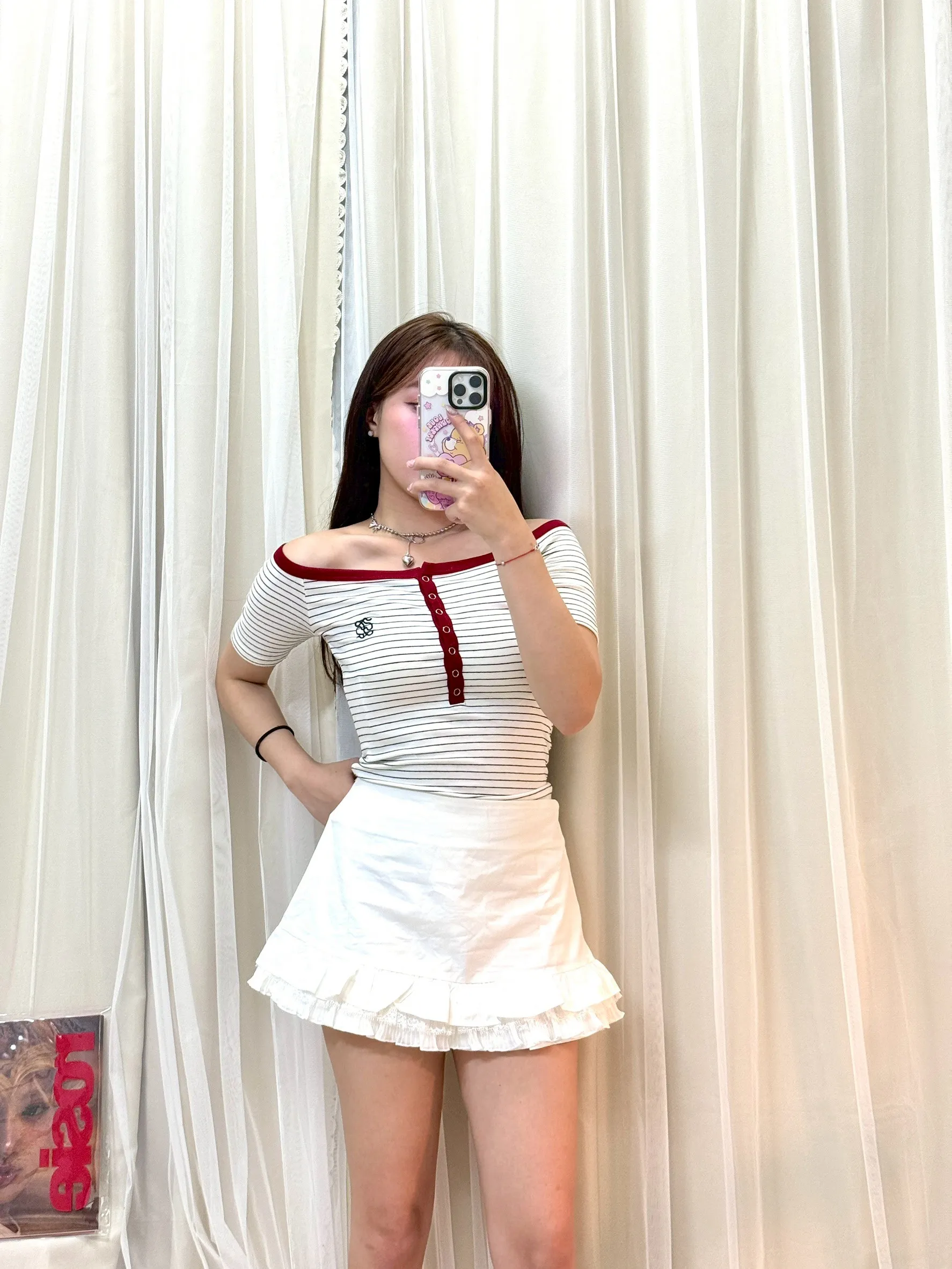 美式復古-復古撞色條紋一字領短T