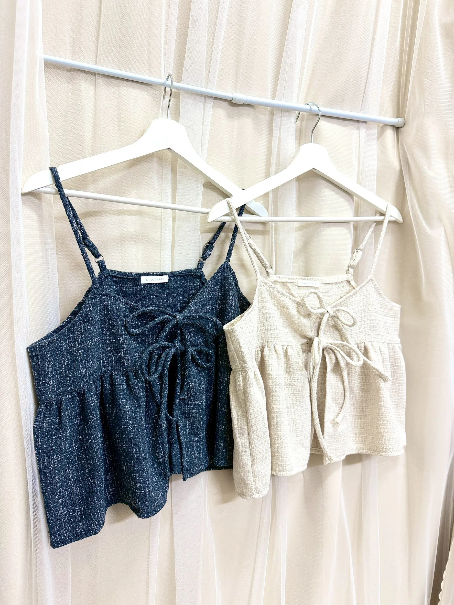 日系疊穿-細肩小香格紋雙綁帶背心