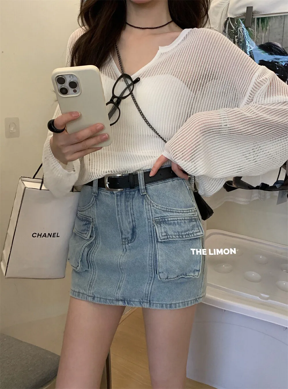 美式復古－美式復古工裝口袋半身裙＋腰帶