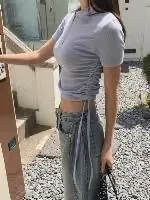 正韓翻領拉鍊側抓皺綁帶上衣