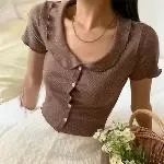 正韓翻領碎花排釦修身上衣