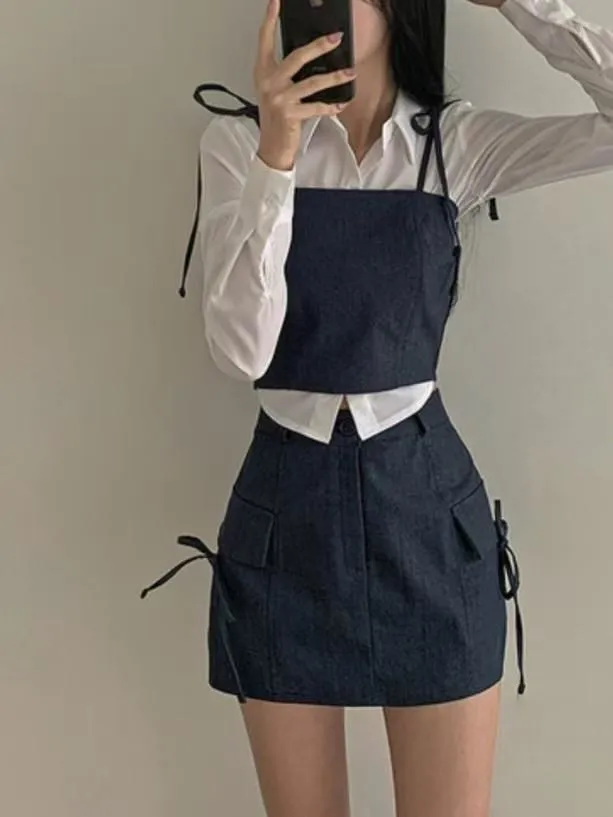 正韓雙綁帶牛仔套裝