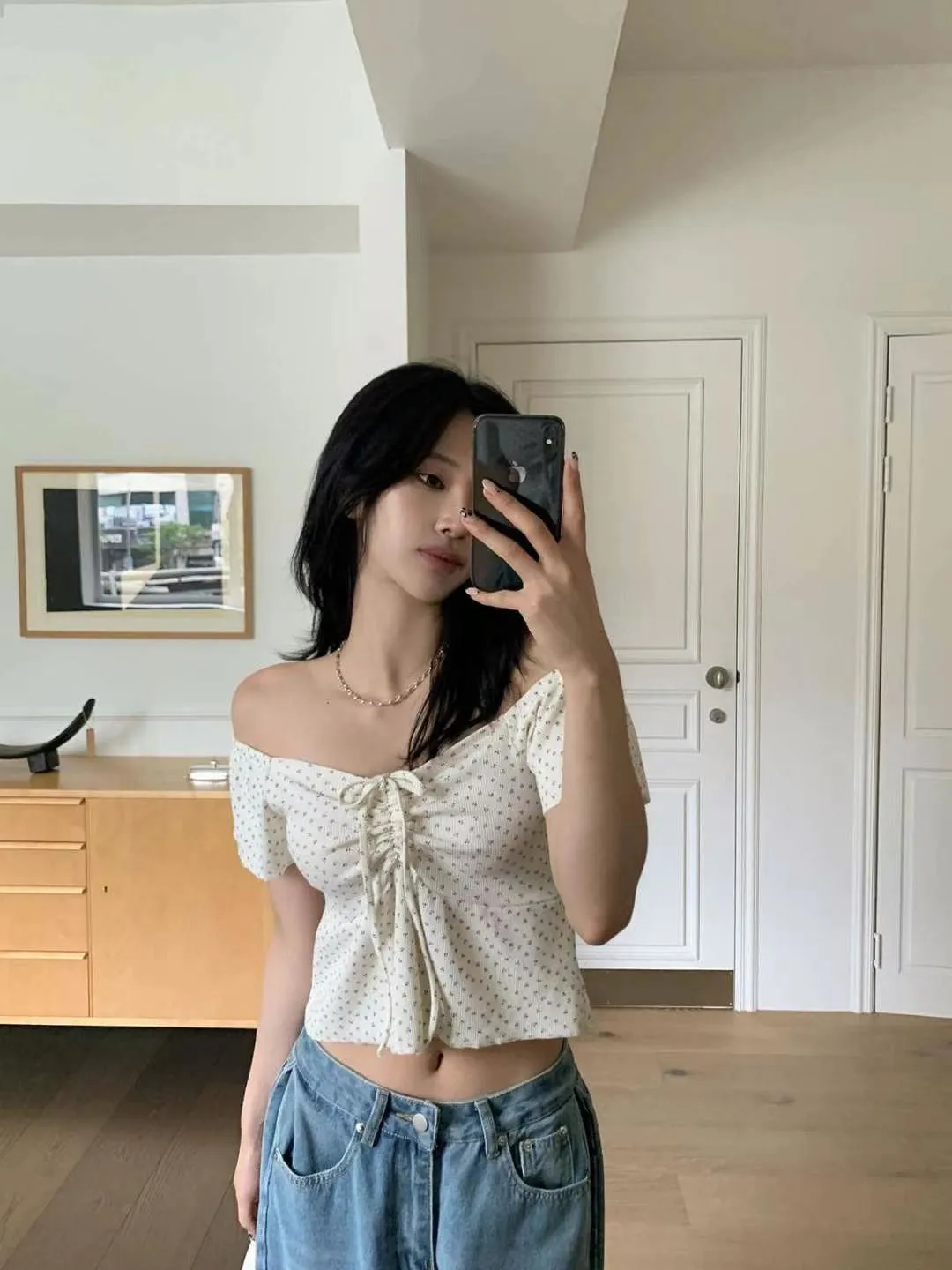 正韓碎花胸前綁帶小傘擺上衣