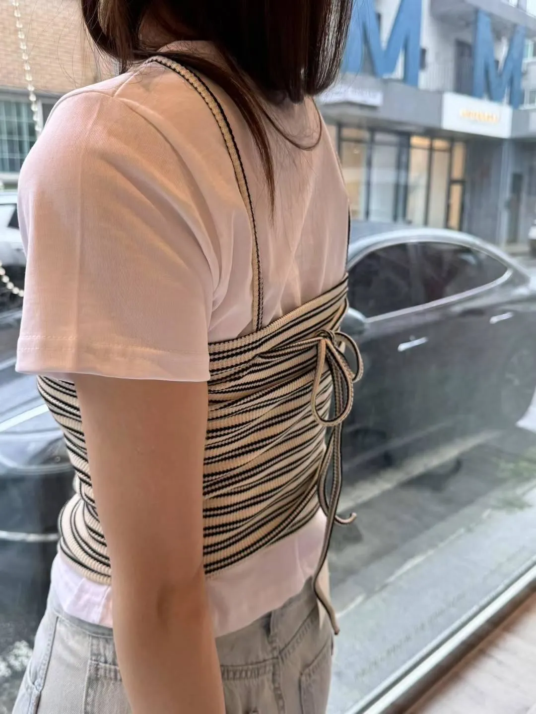 正韓褶皺條紋針織吊帶蝴蝶結層背心