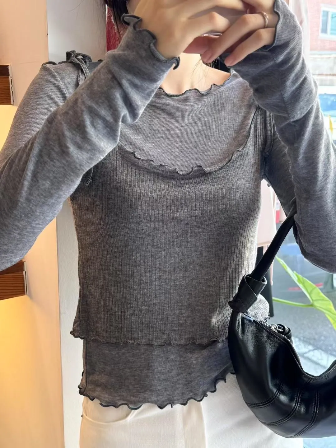 正韓荷葉邊螺紋蝴蝶結背心