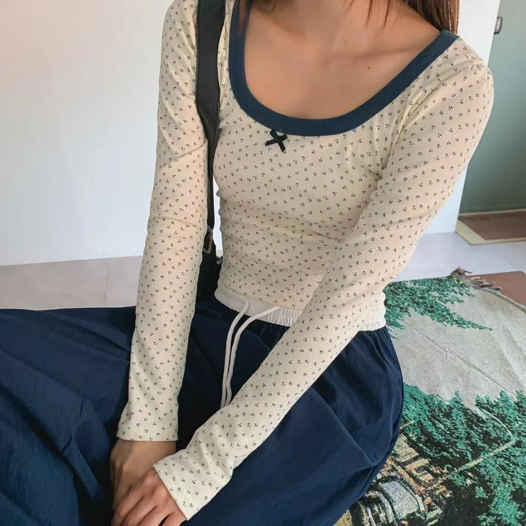 正韓雙拼小碎花修身上衣