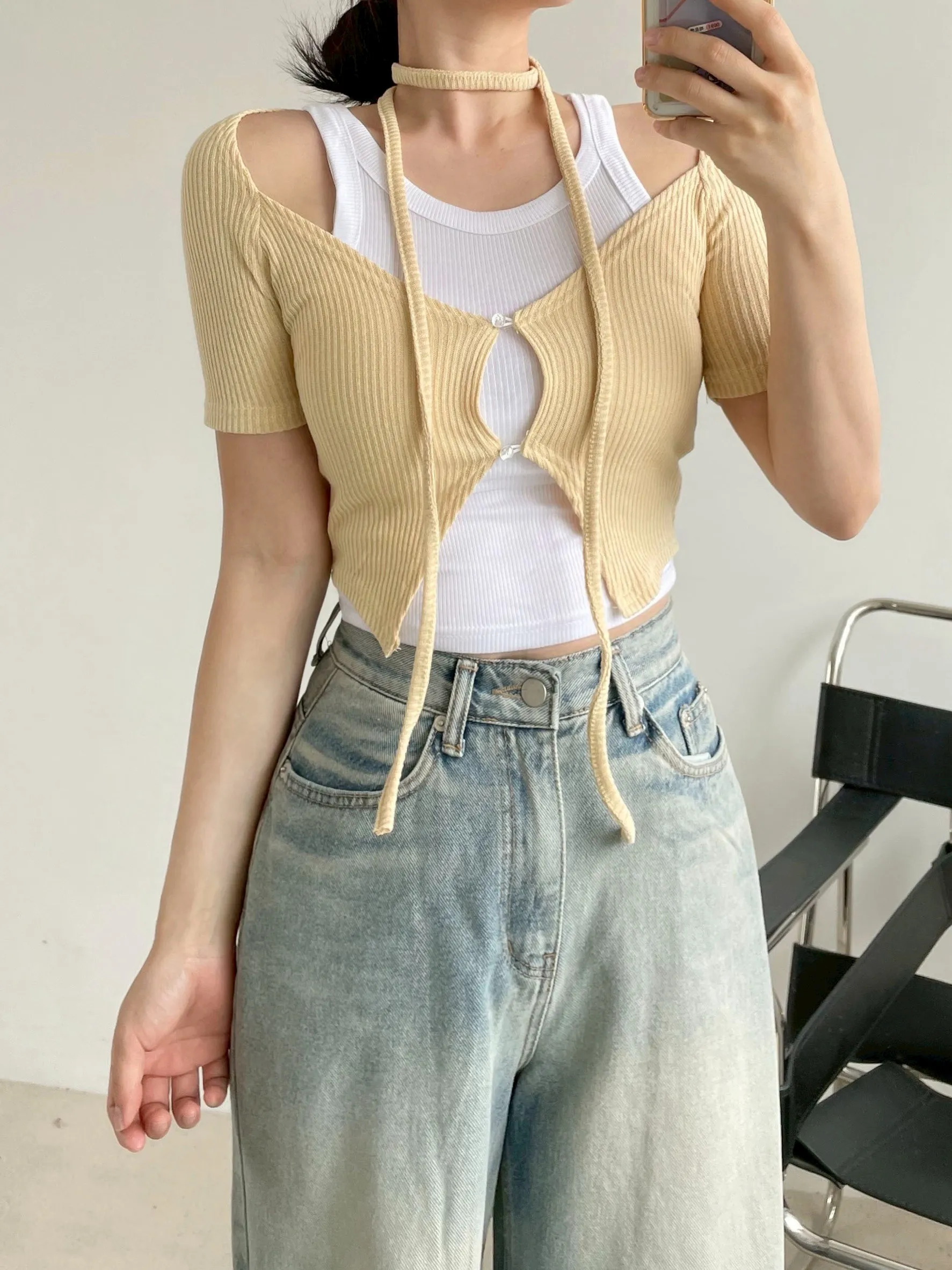 雙釦不規則附飄帶+背心套裝