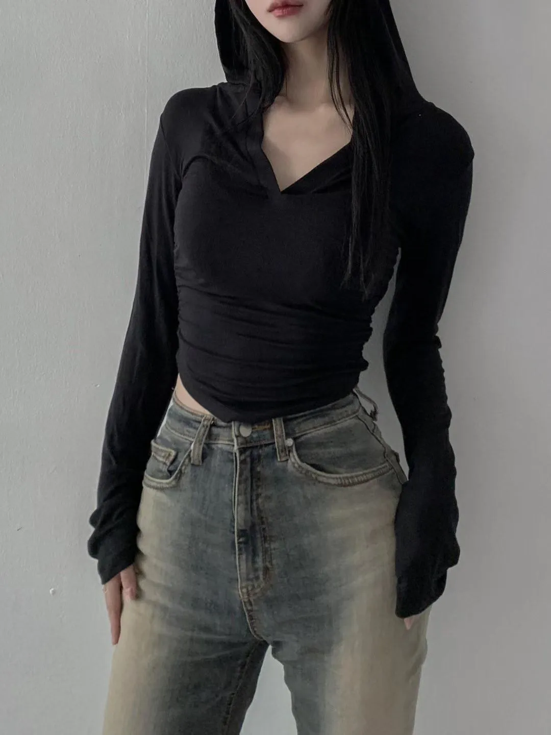 正韓側抓皺連帽超顯瘦上衣