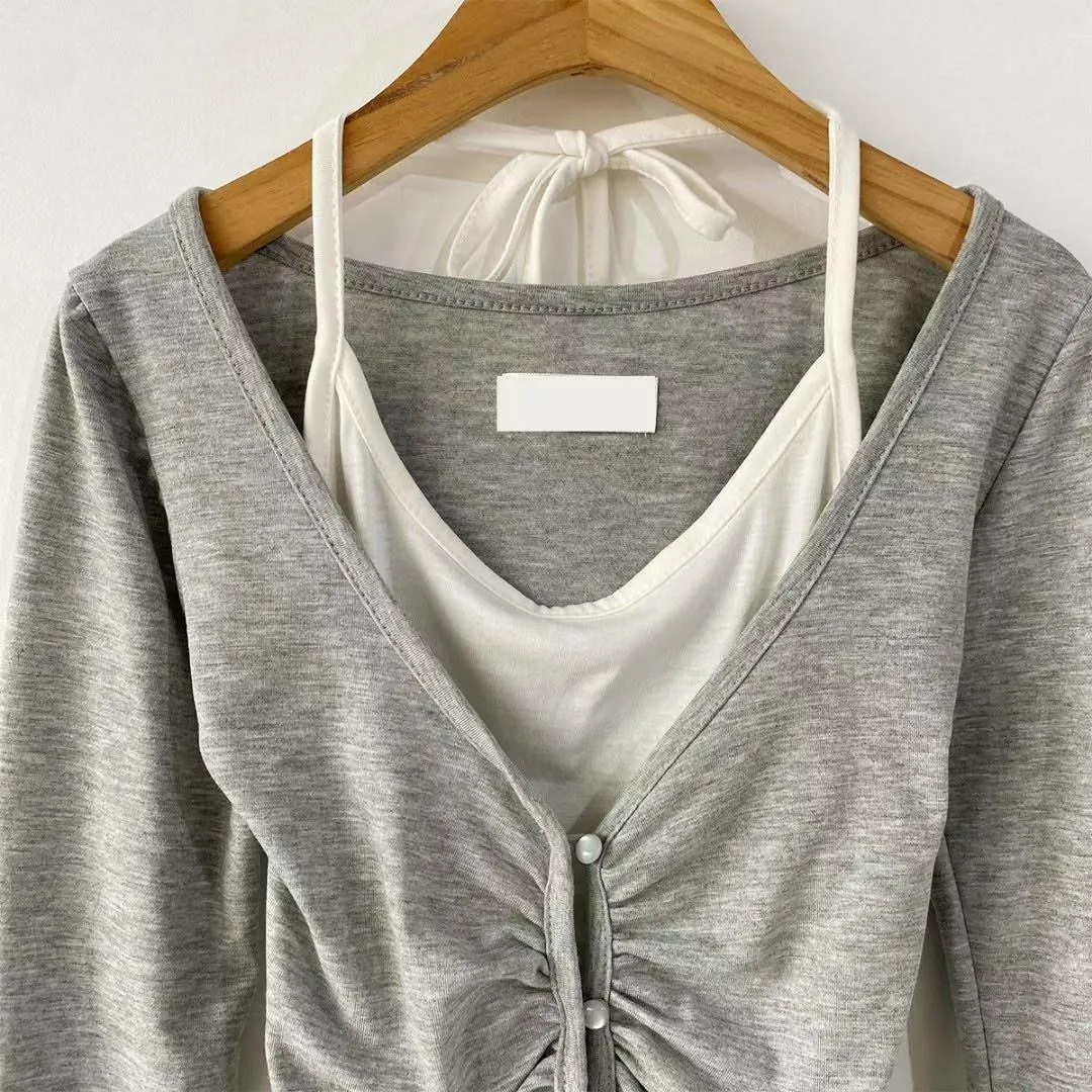 正韓假兩件Y2K掛脖褶皺上衣