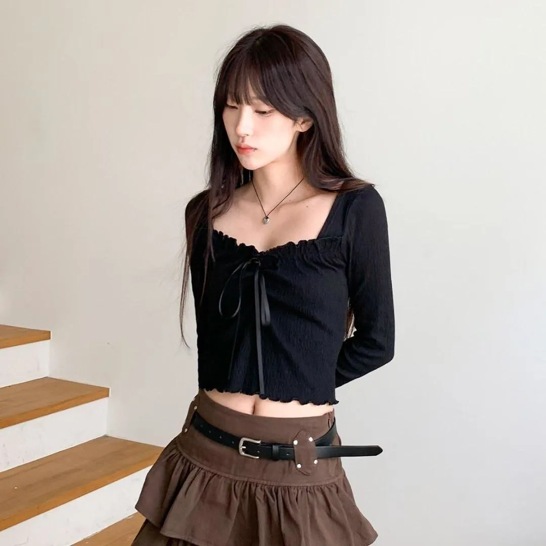 正韓修身木耳邊方領蝴蝶結上衣