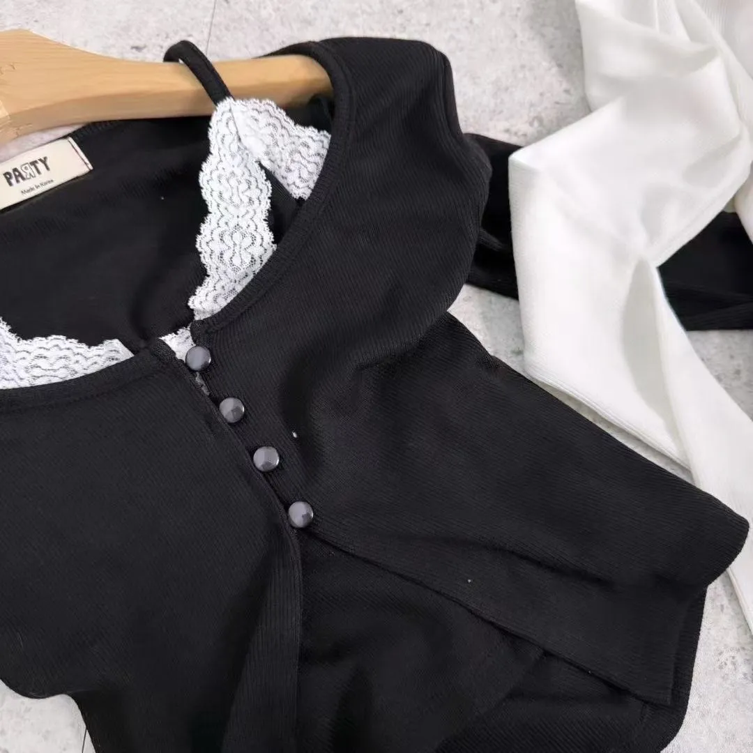 正韓貝貝蕾絲假兩件開衫