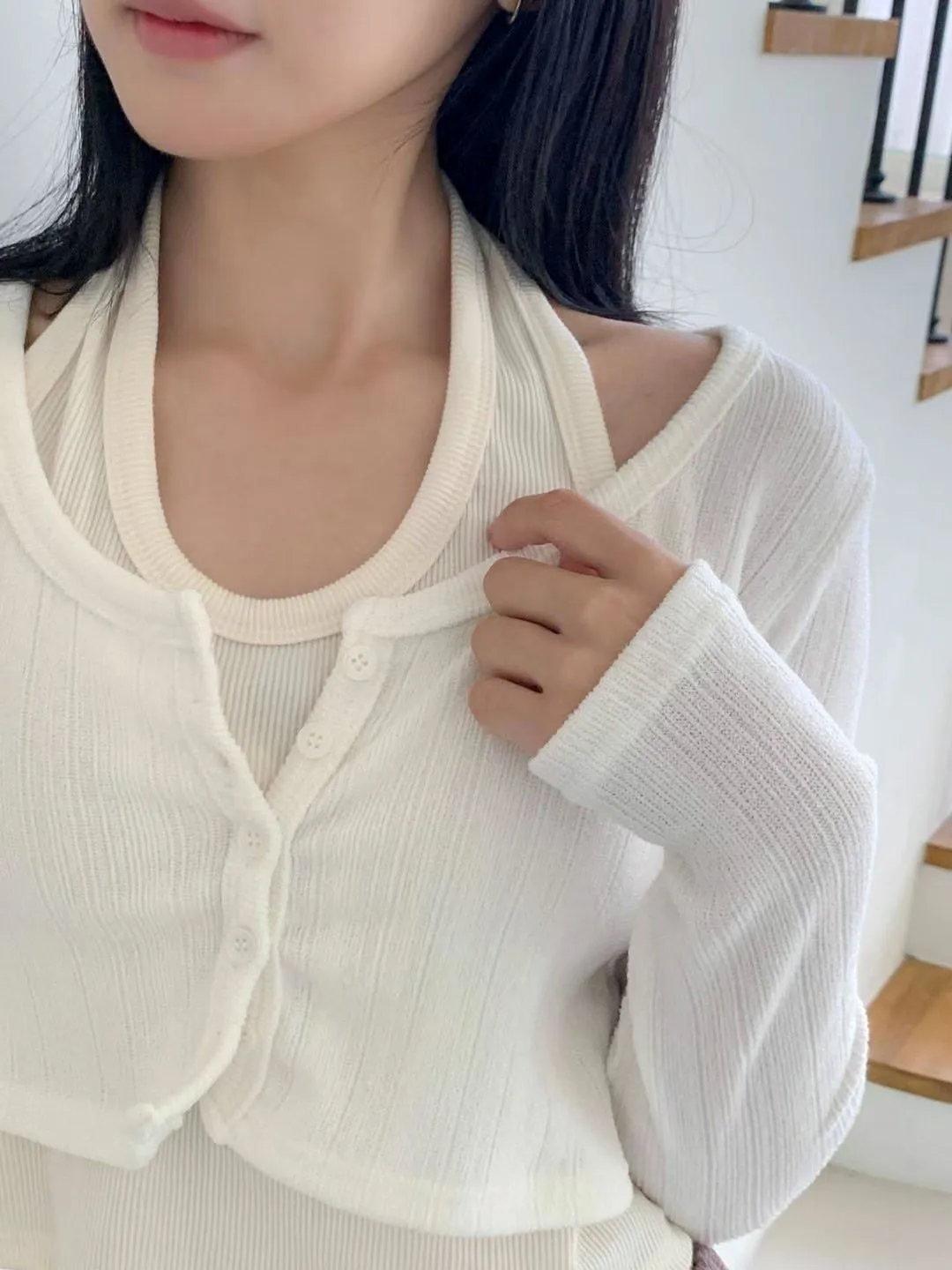 正韓掛脖假兩件層疊上衣