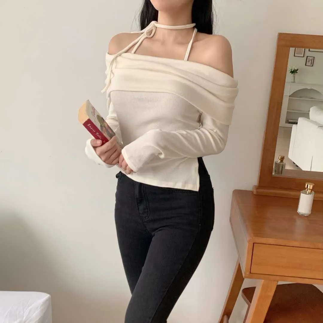 正韓綁帶露肩上衣
