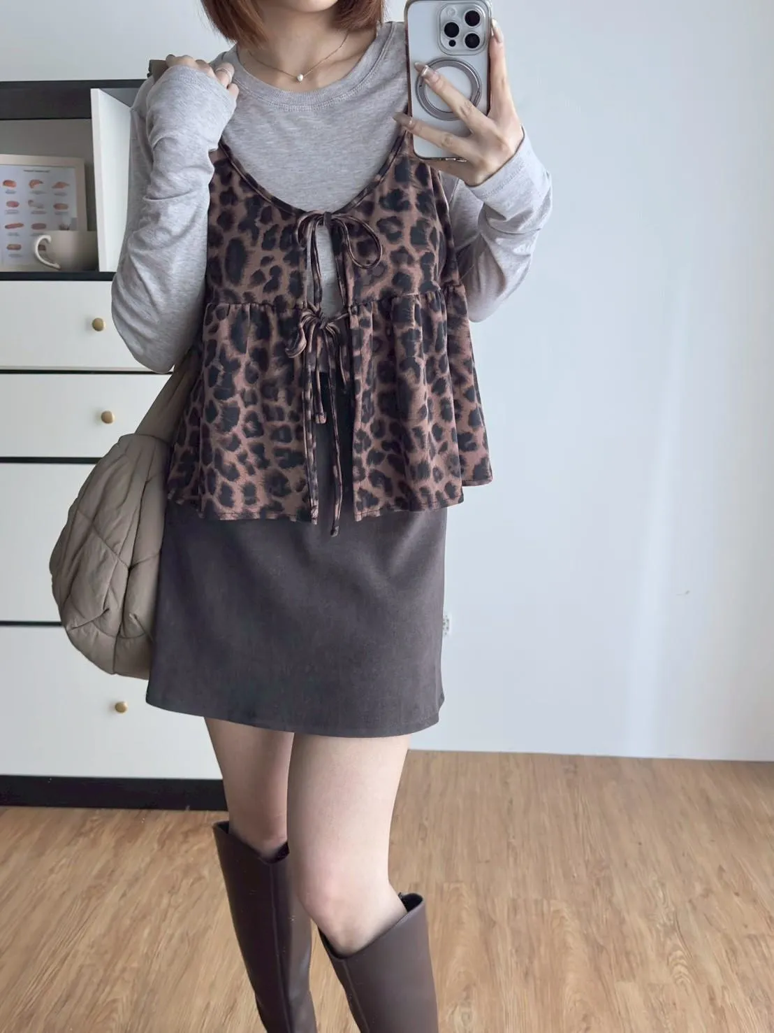 前綁帶豹紋細肩背心