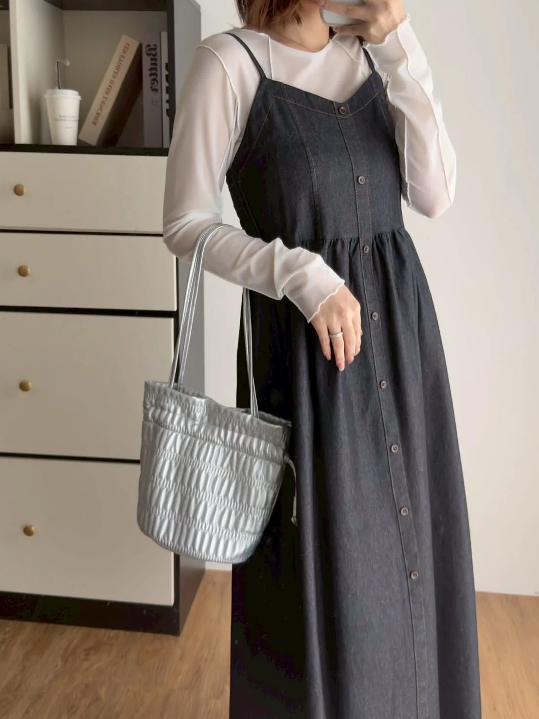 細肩排釦丹寧長洋