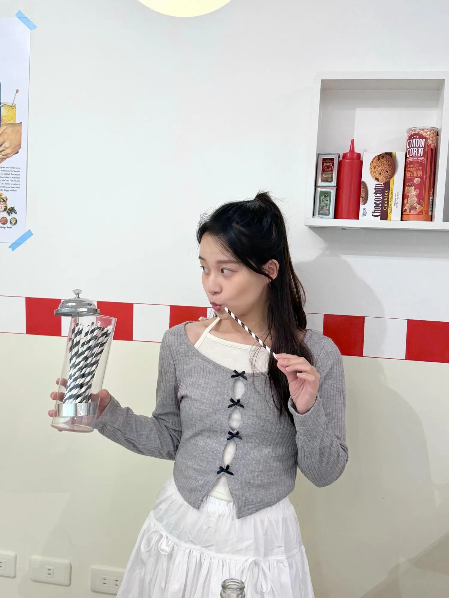 正韓螺紋緞帶長袖假兩件開衫