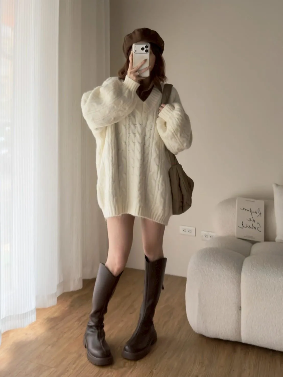 大版花苞袖V領麻花毛衣