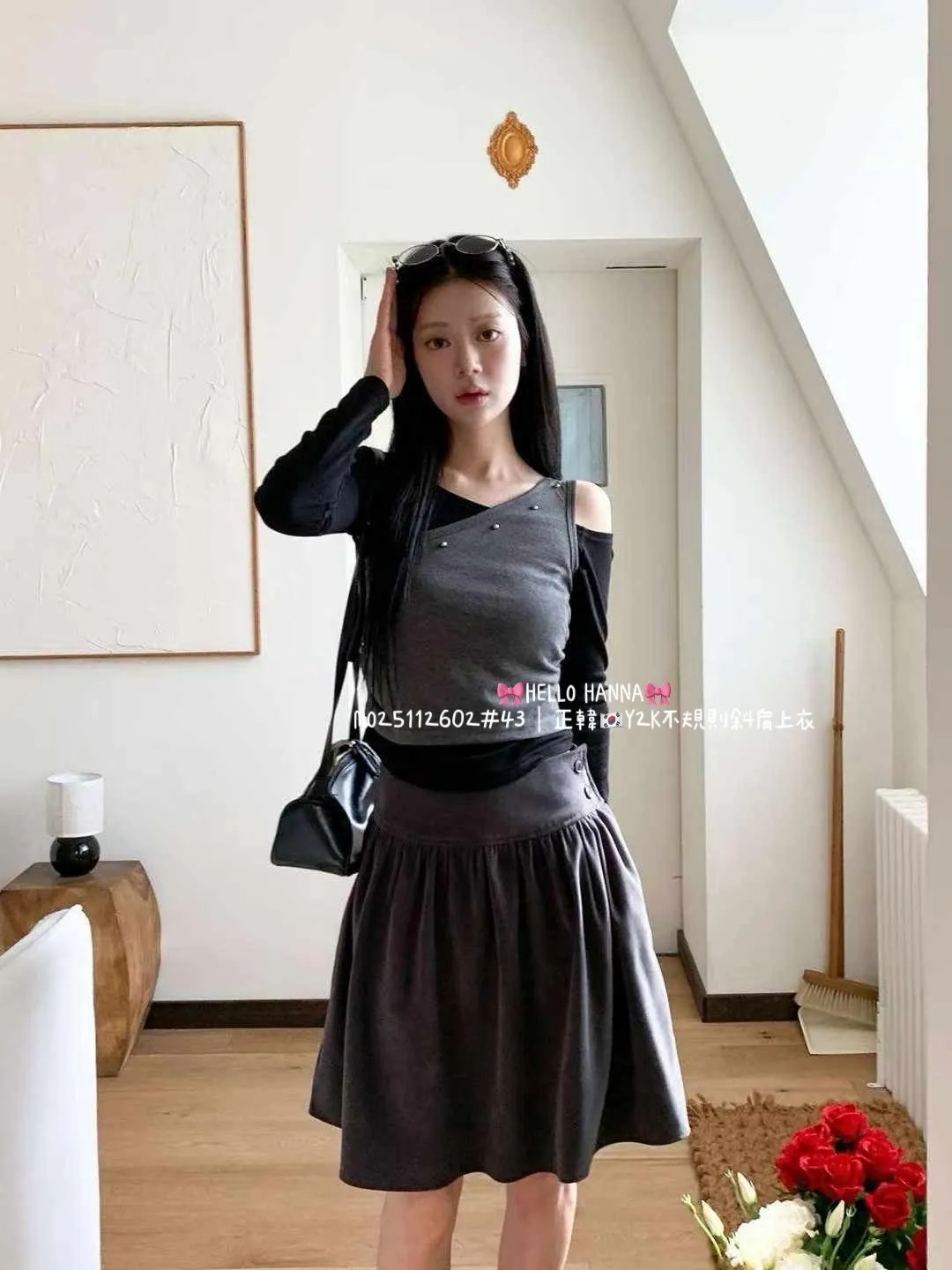 正韓Y2K不規則斜肩上衣