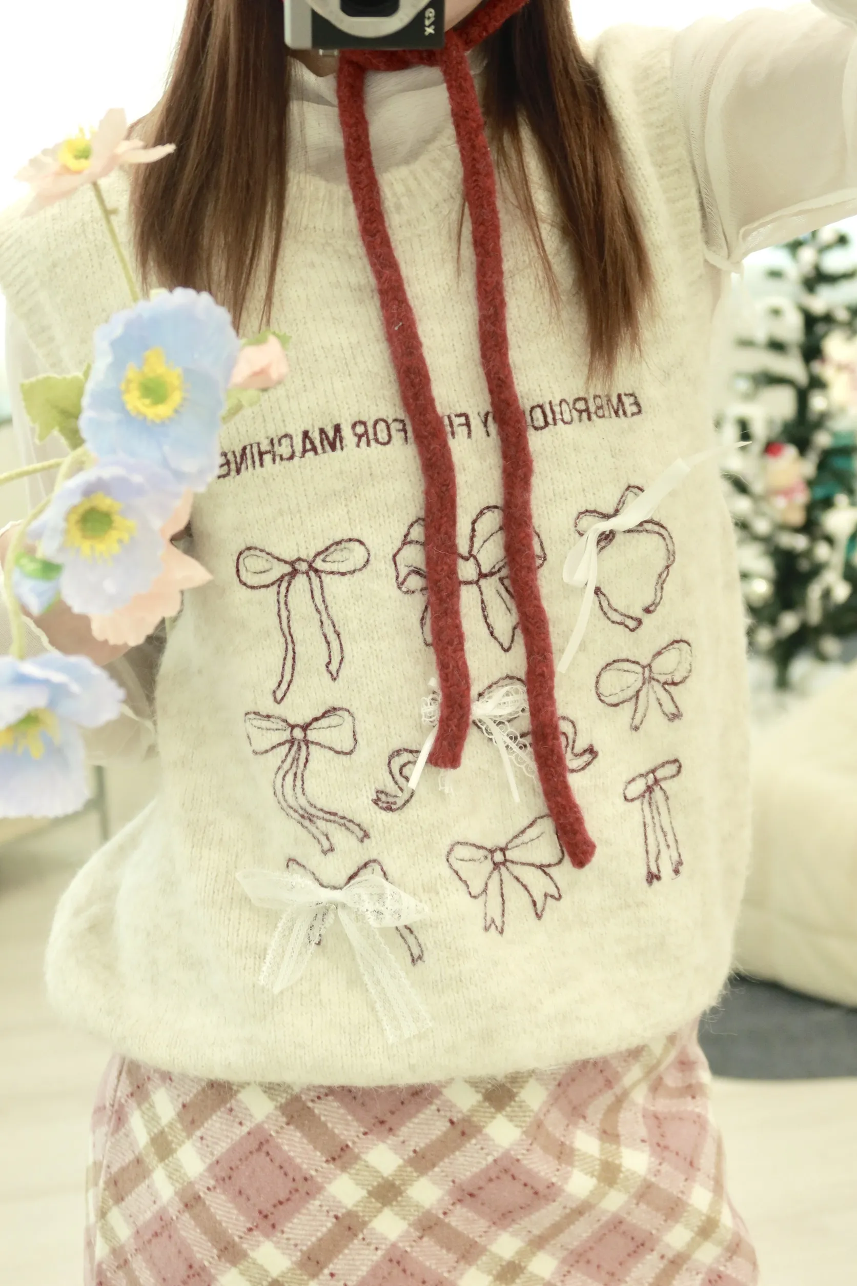 韓系休閒刺繡羊毛蝴蝶結背心