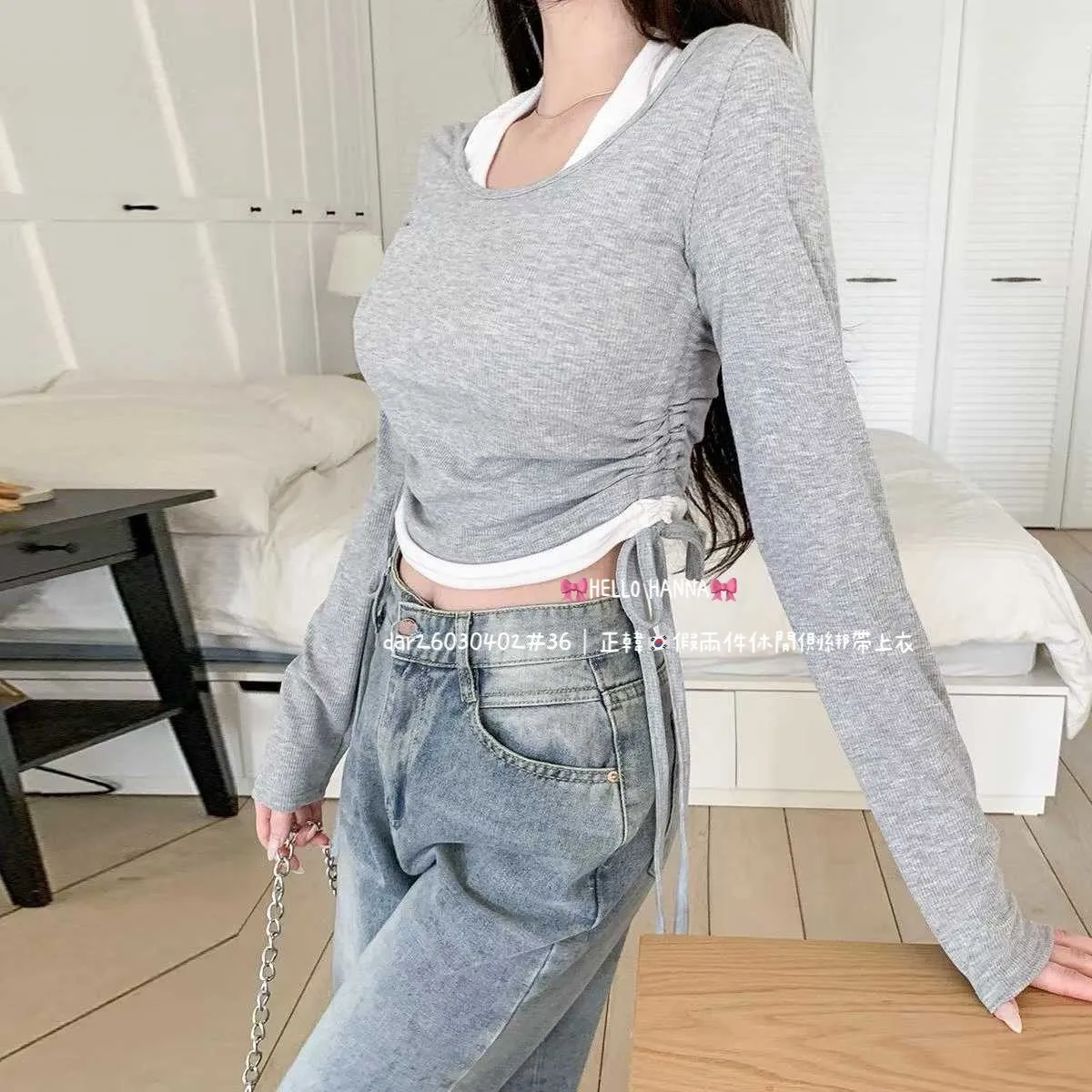 正韓 假兩件休閒側綁帶上衣