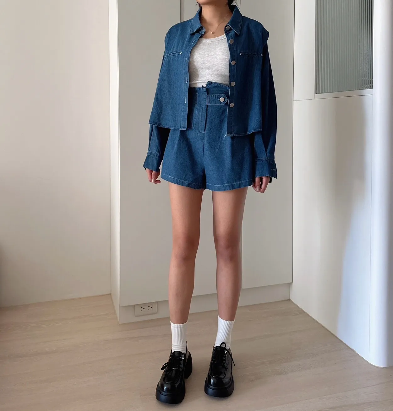 懶人穿搭-軟牛仔輕布襯衫顯瘦套裝