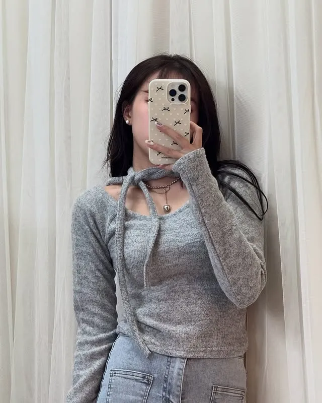 正韓露肩頸帶針織上衣