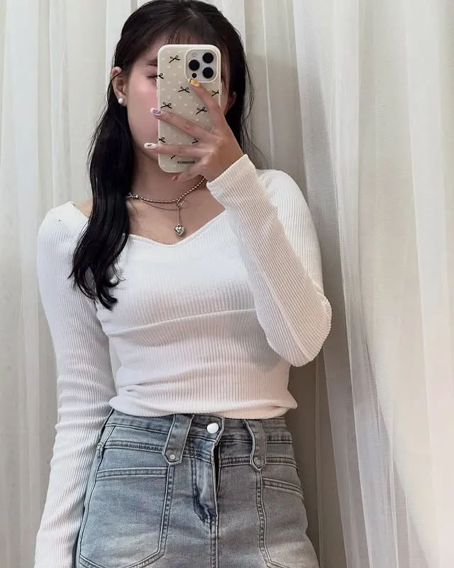 正韓心型領羅紋針織上衣