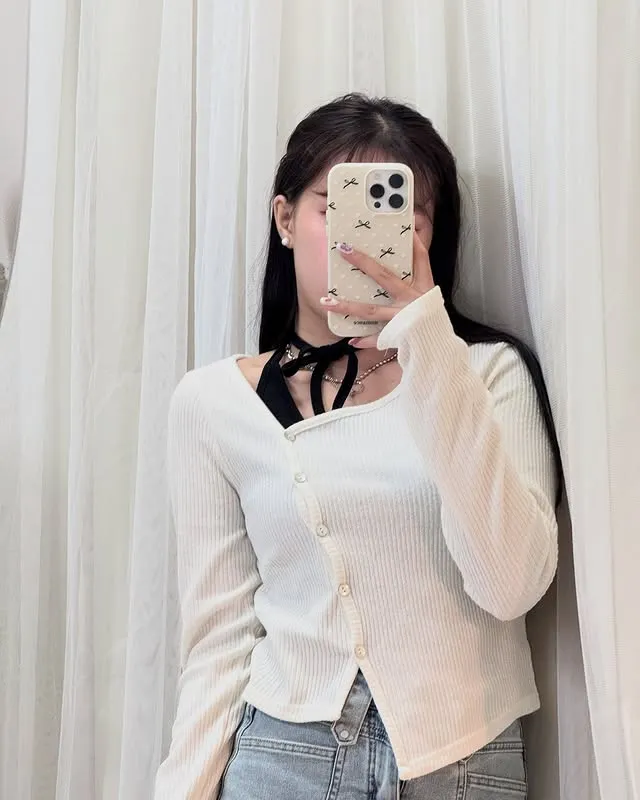 正韓不對稱羅紋長袖踢恤