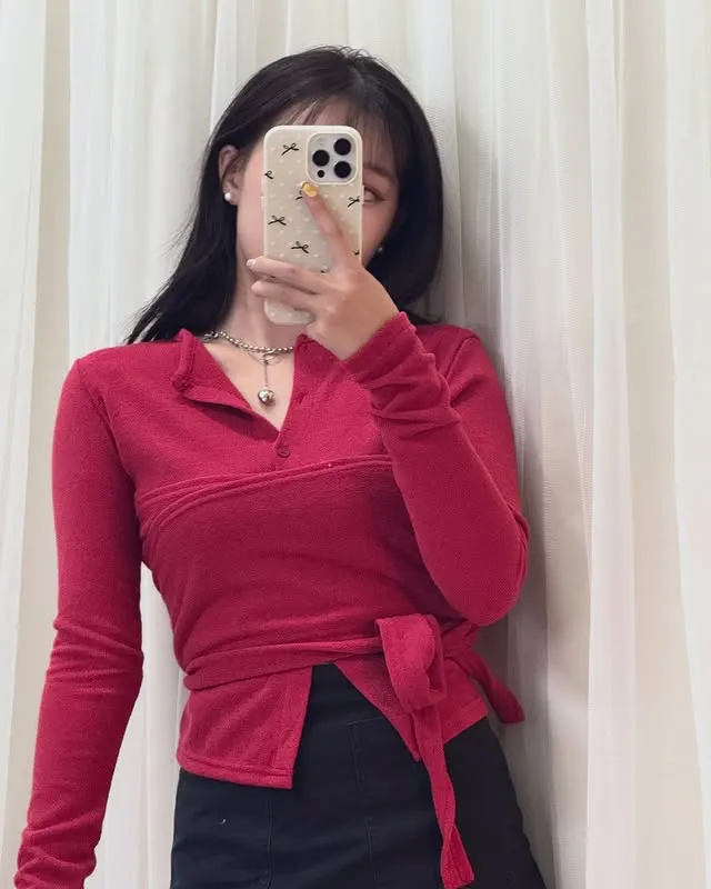 正韓裹身鈕扣緞帶長袖上衣