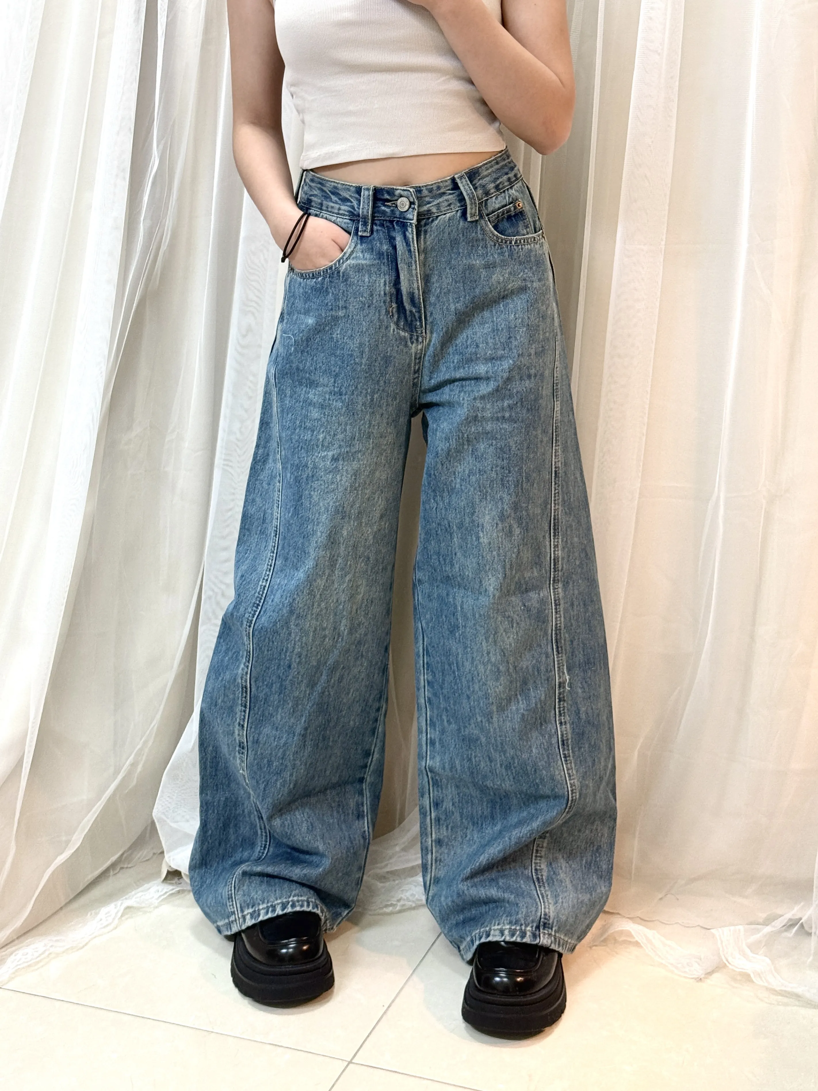 大腿藏匿術-顯瘦刷色高腰錐形寬褲