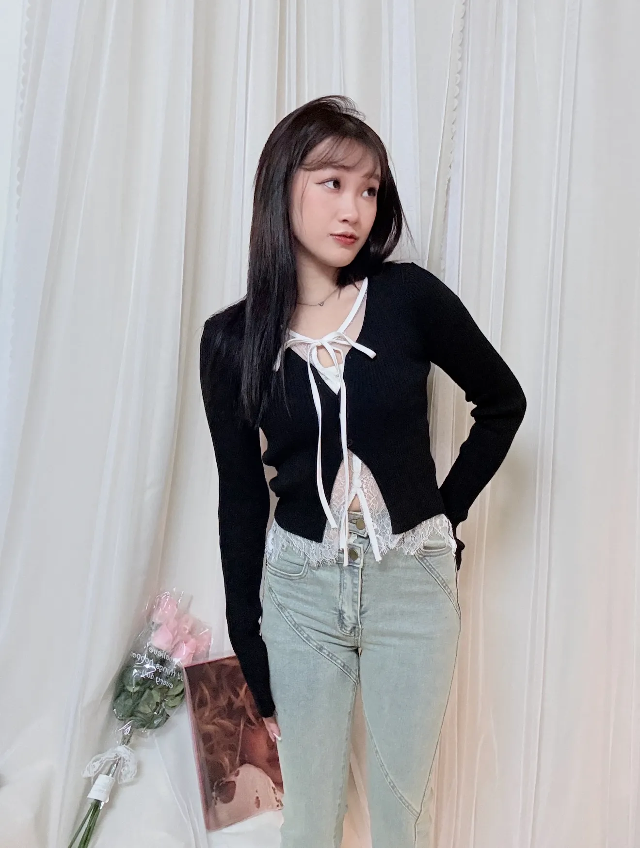 Threads爆紅-假兩件蕾絲拼接針織開衫氛圍感上衣