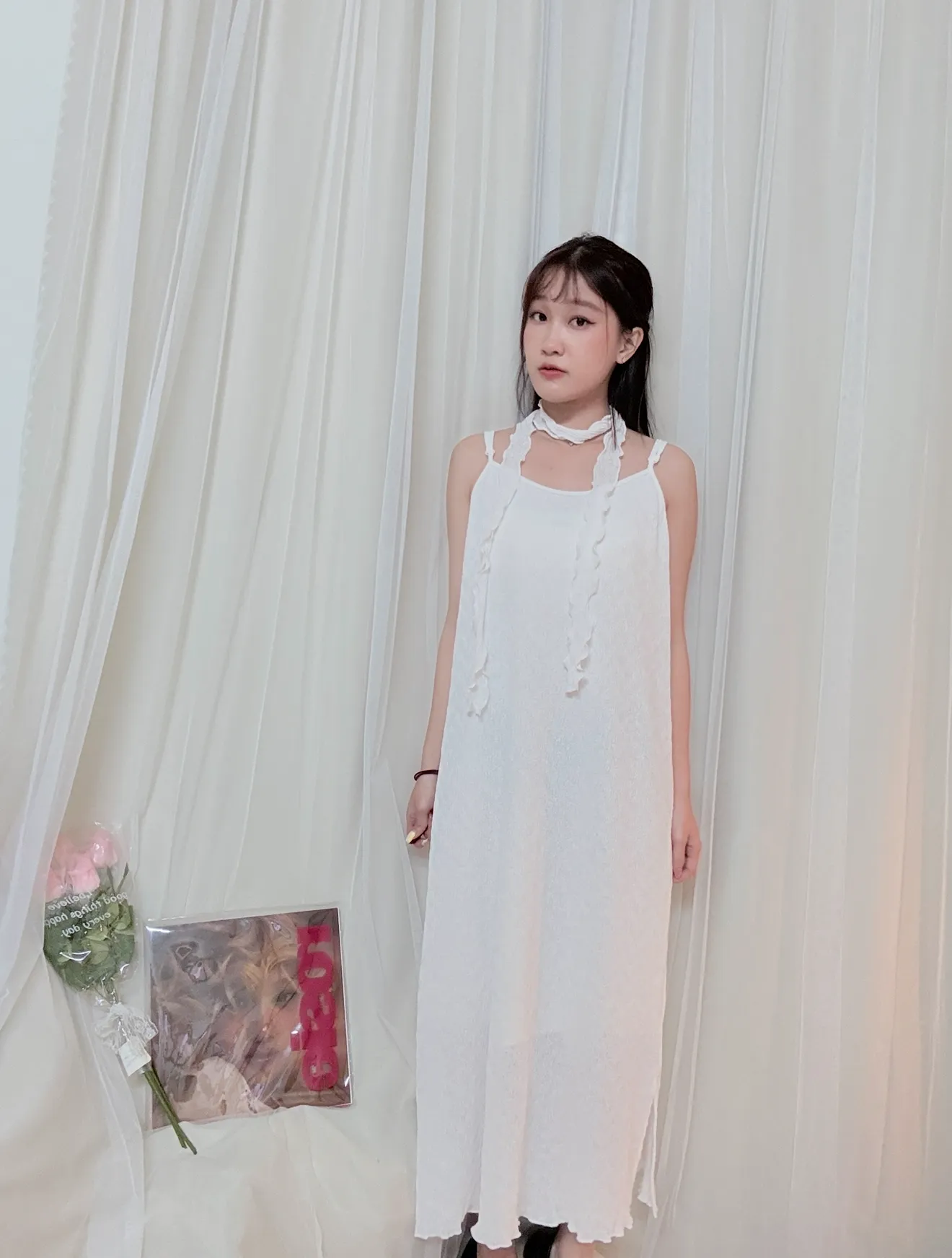 仙女必備-細肩捲捲絲帶水波紋洋裝