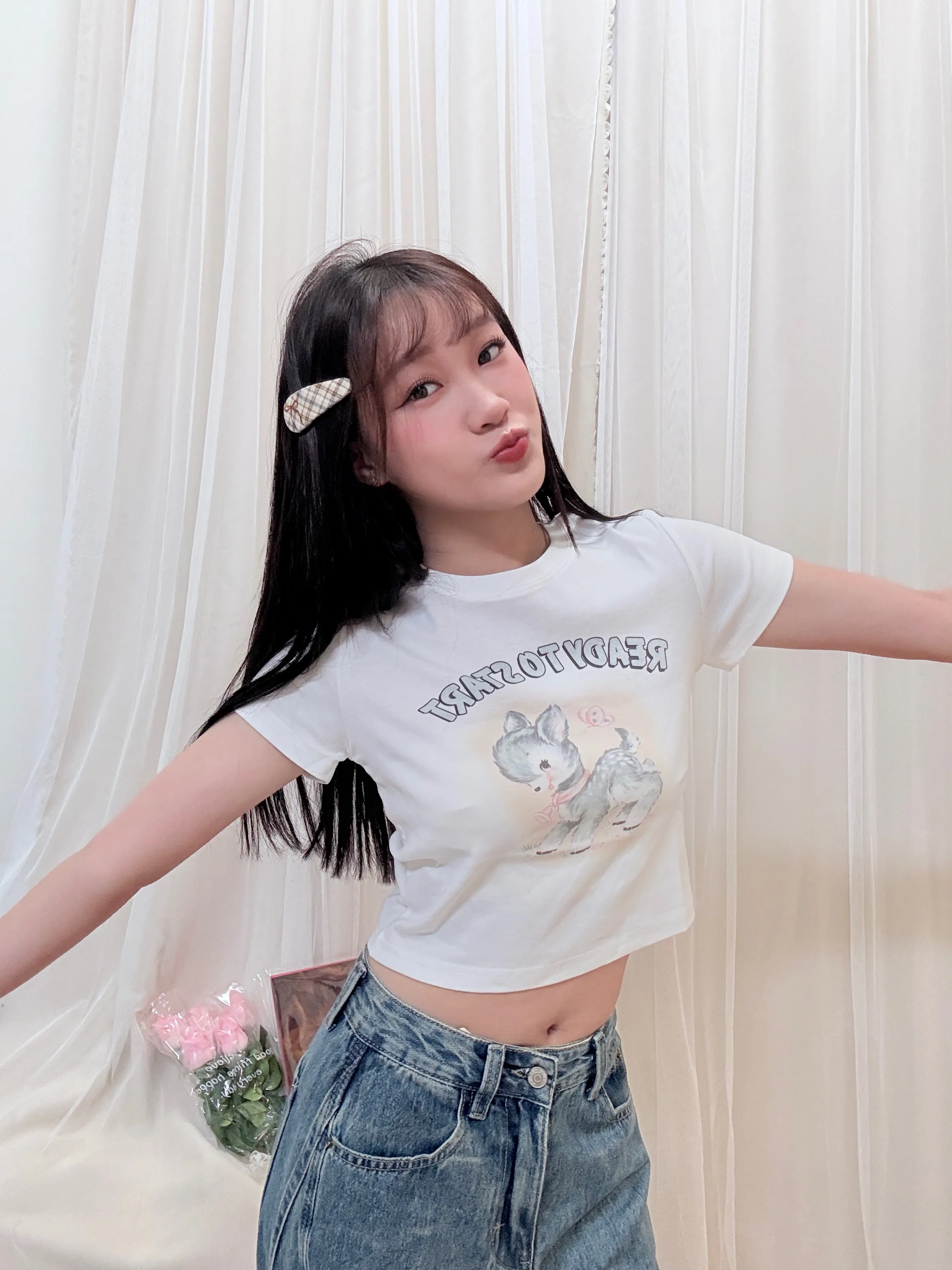 日常可愛-甜辣小鹿斑比卡通圓領小T