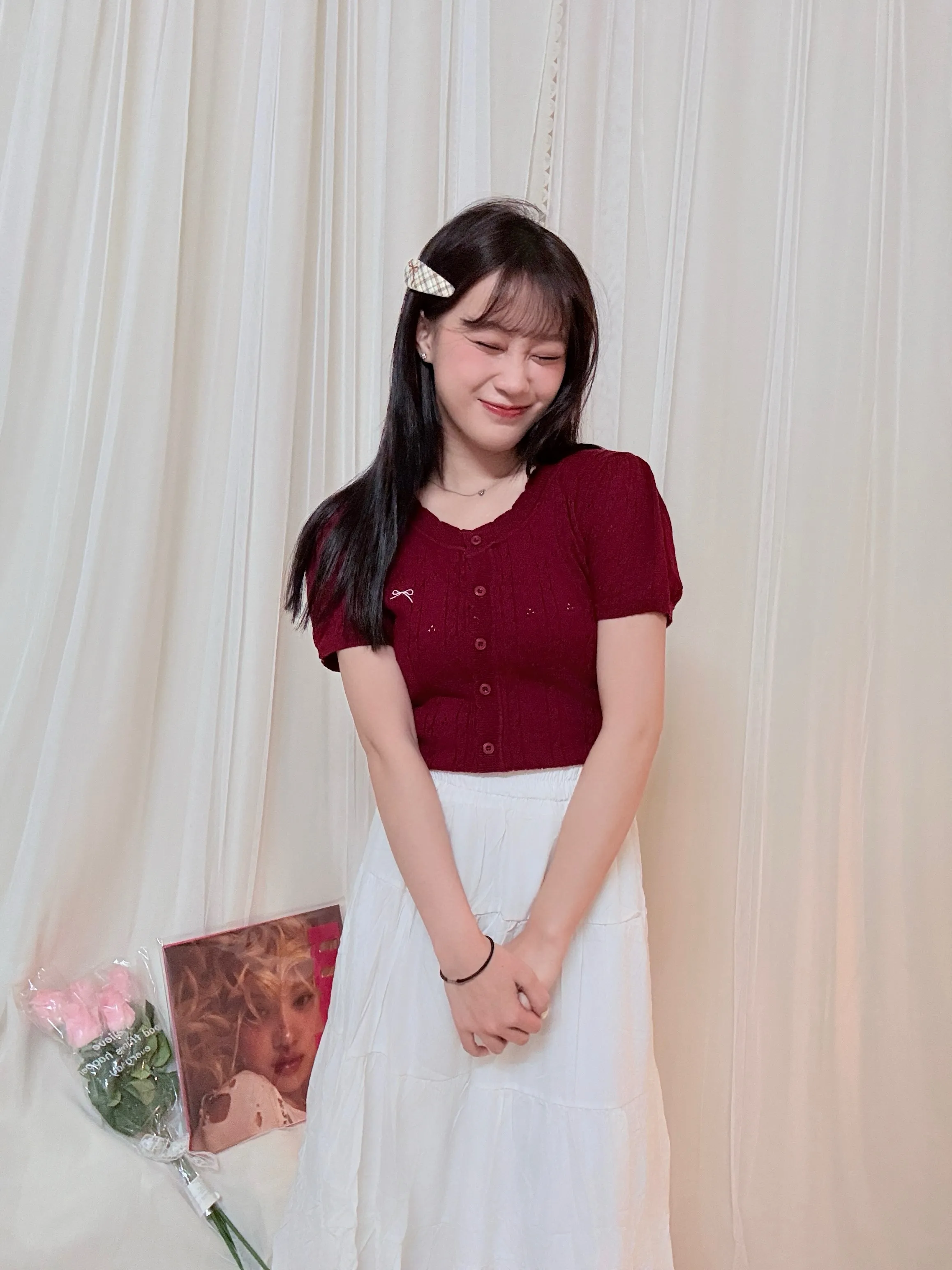 溫柔氣質-韓系鏤空針織蝴蝶結刺繡上衣