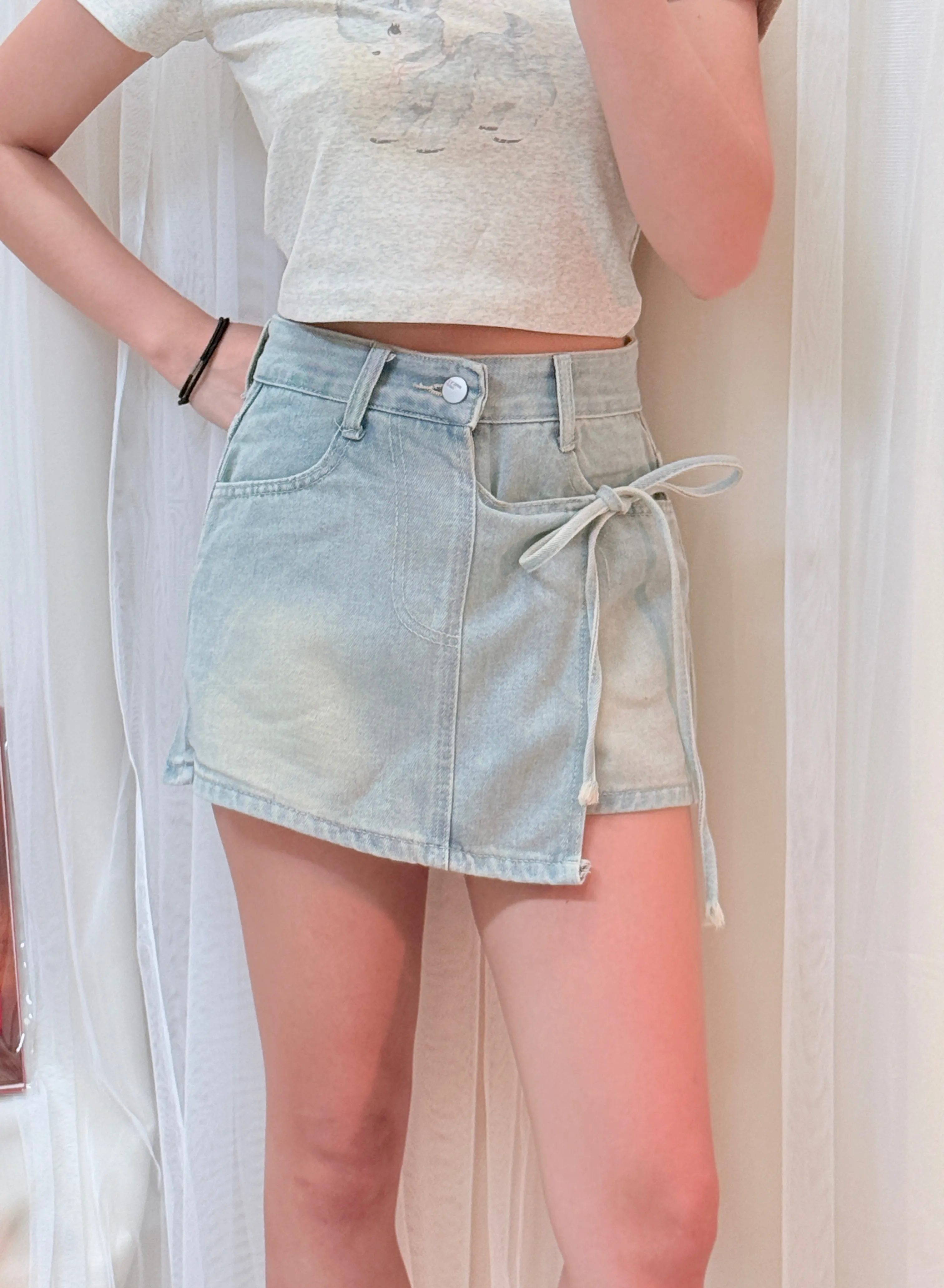 百搭仔裙-高腰綁帶不規則A字牛仔裙