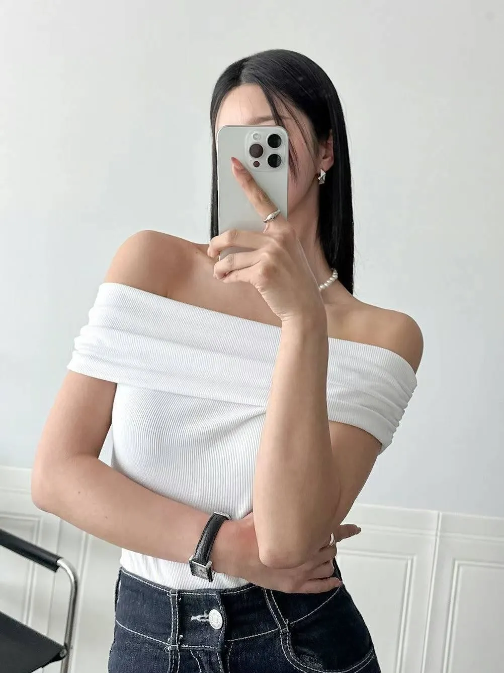 正韓一字領修身顯瘦上衣