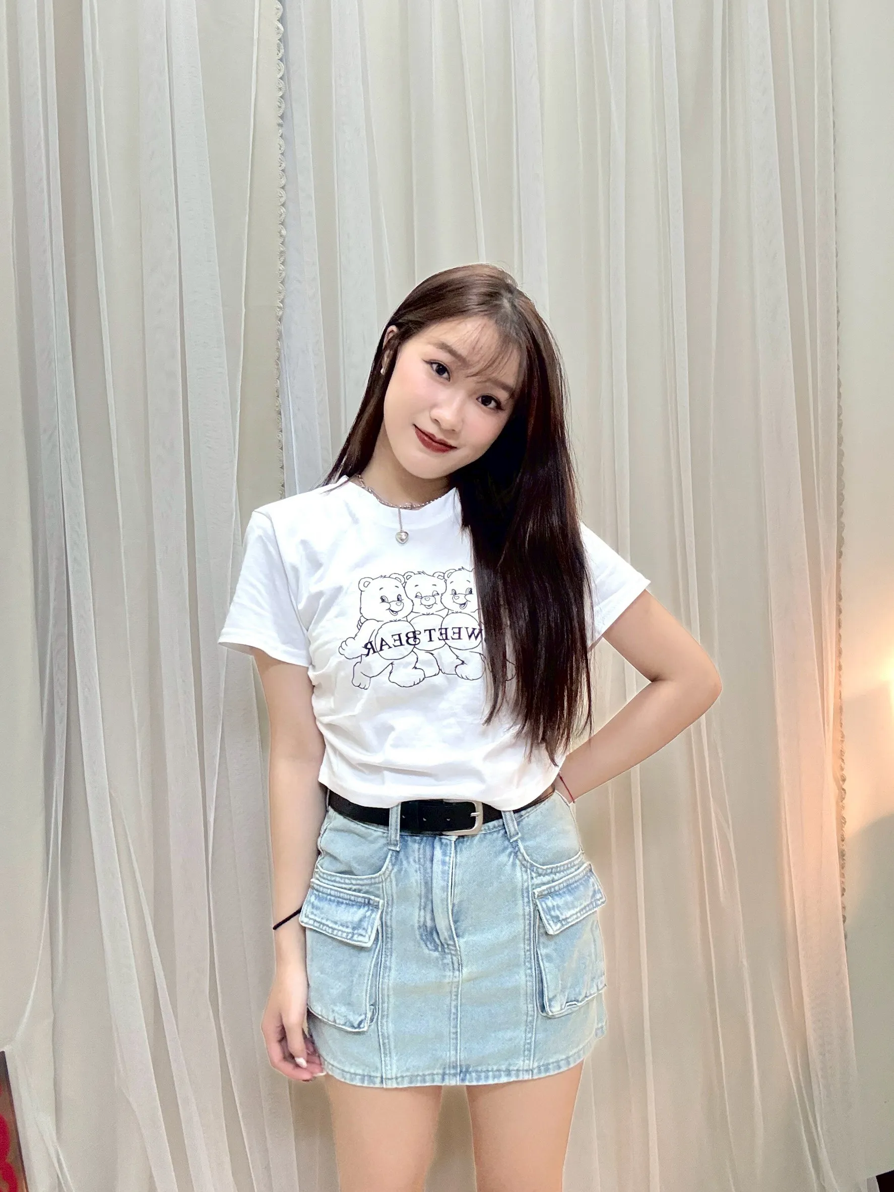 不透白T-正韓側抓皺彩虹熊上衣