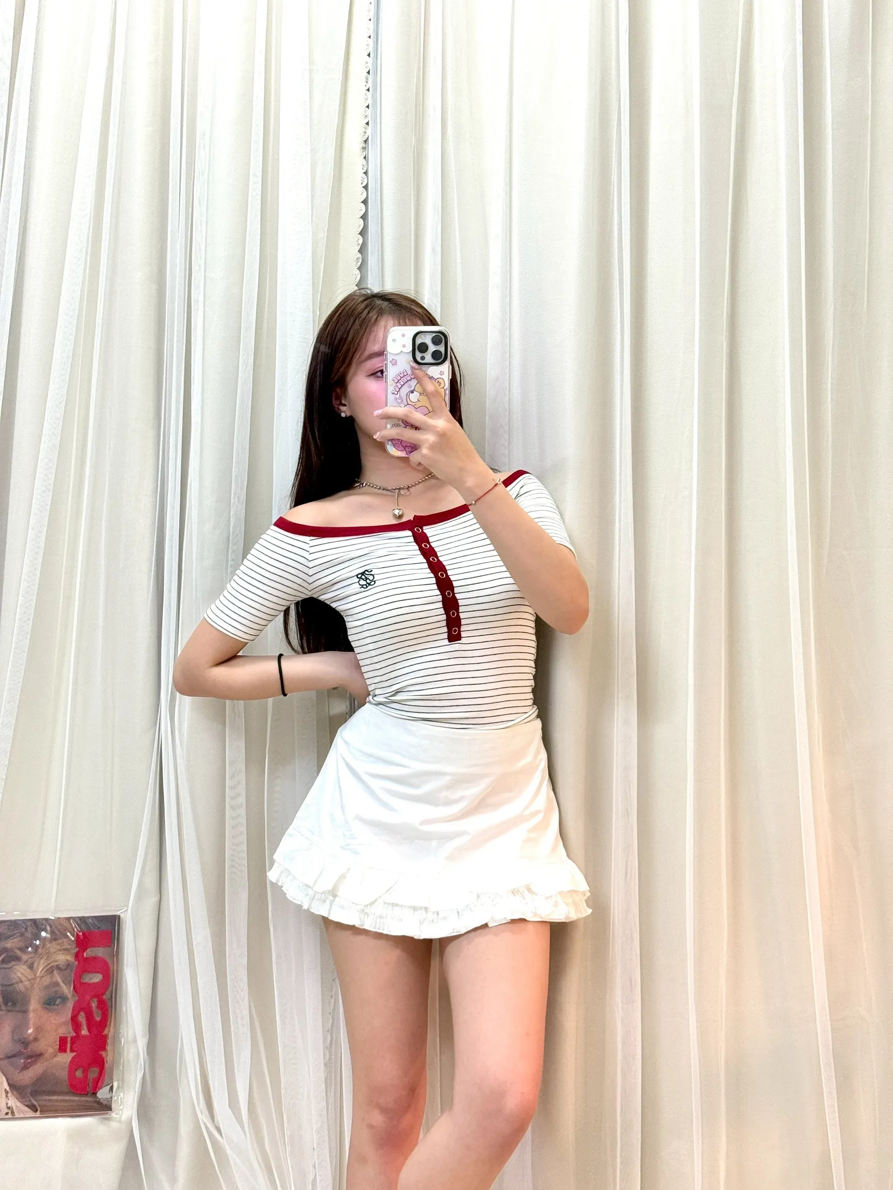 美式復古-復古撞色條紋一字領短T