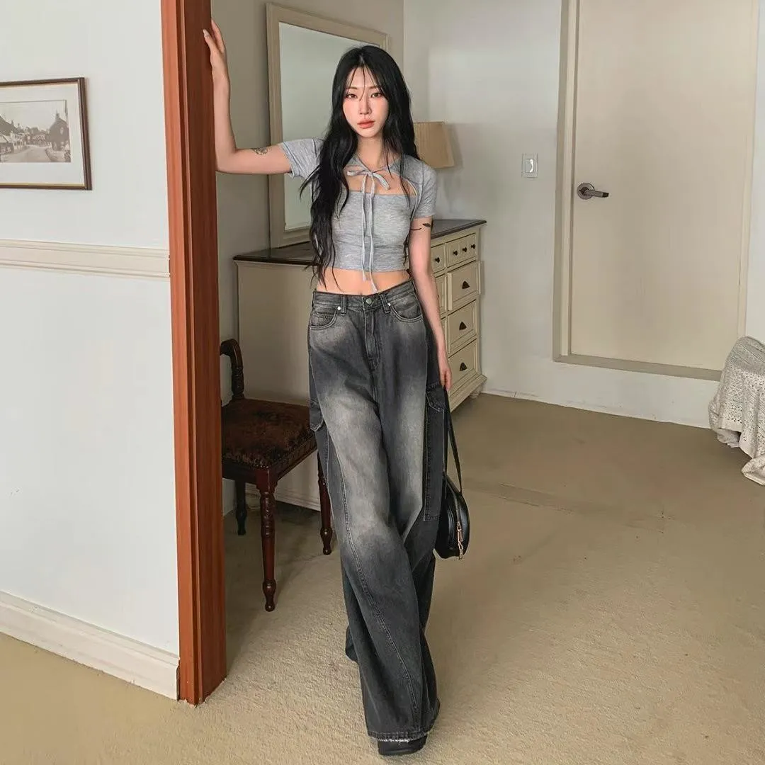 正韓假兩件綁帶短版上衣