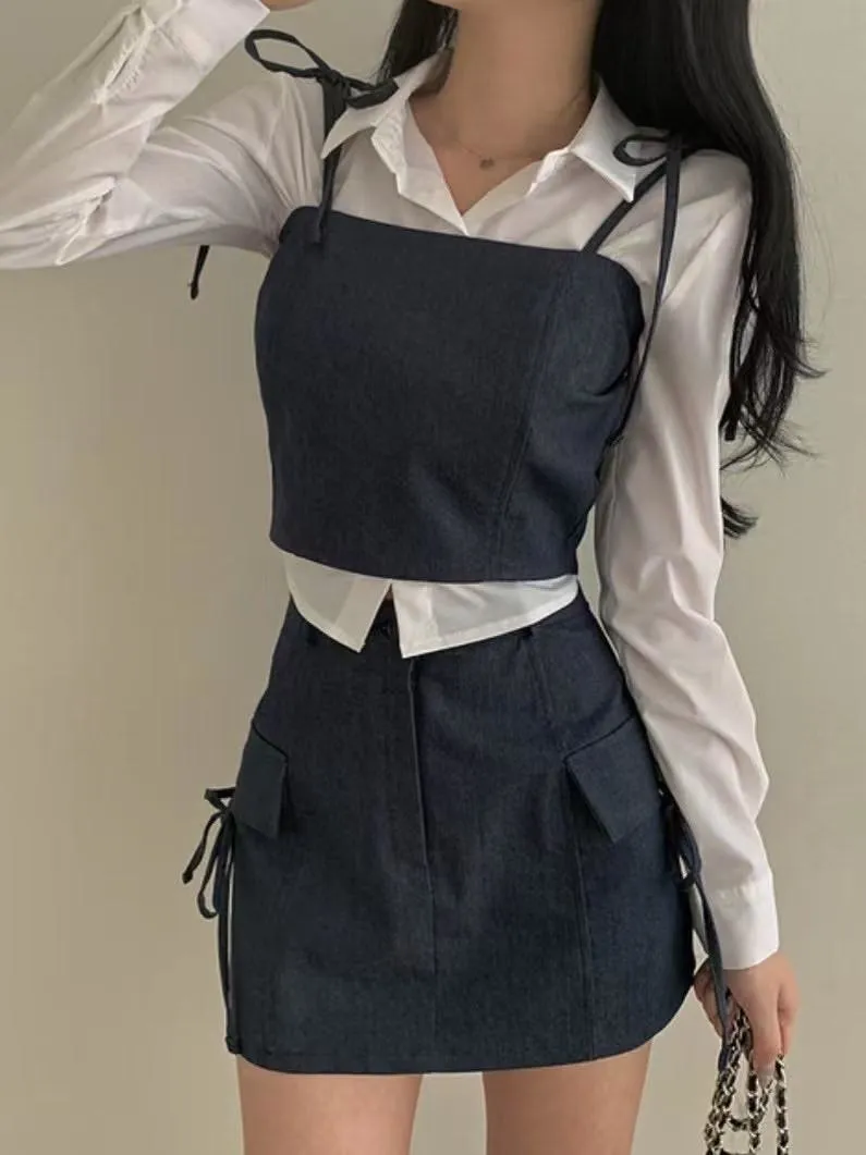 正韓雙綁帶牛仔套裝