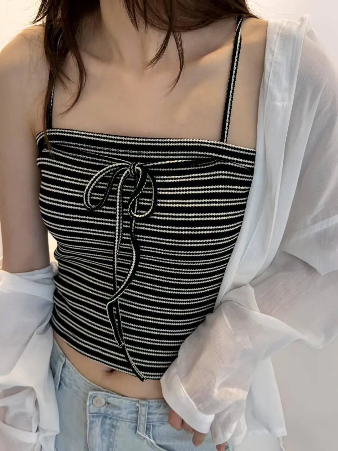正韓褶皺條紋針織吊帶蝴蝶結層背心