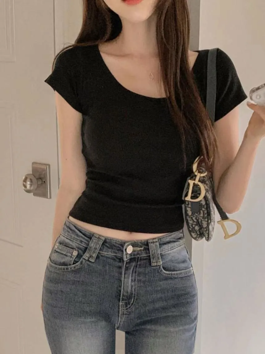 正韓後雙綁帶U領修身上衣