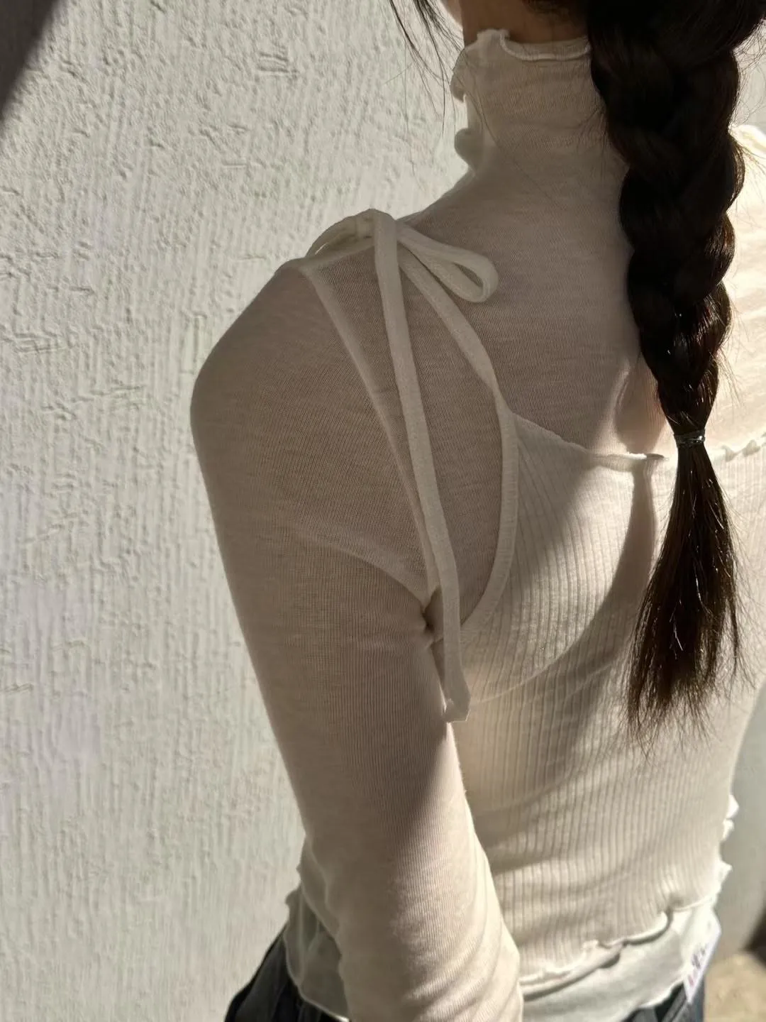 正韓荷葉邊螺紋蝴蝶結背心