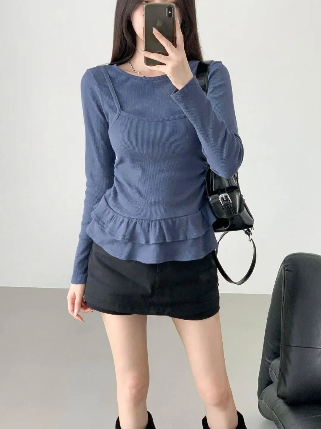 正韓假兩件波浪裙上衣