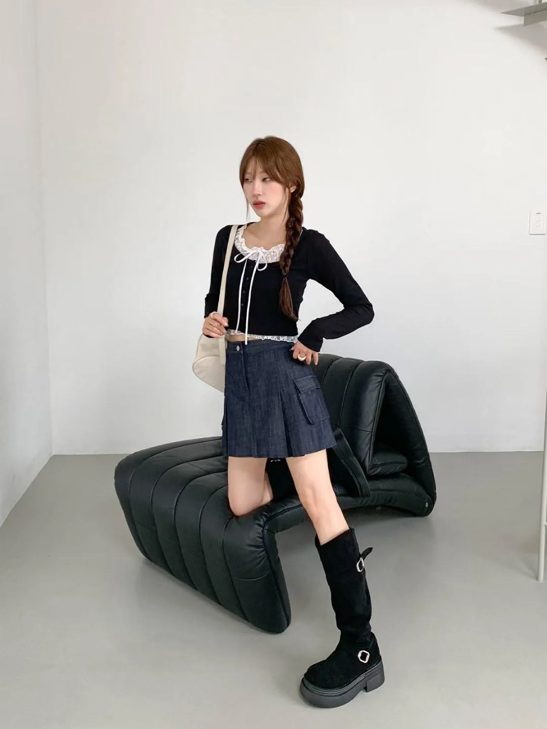 正韓蕾絲針織假兩件上衣