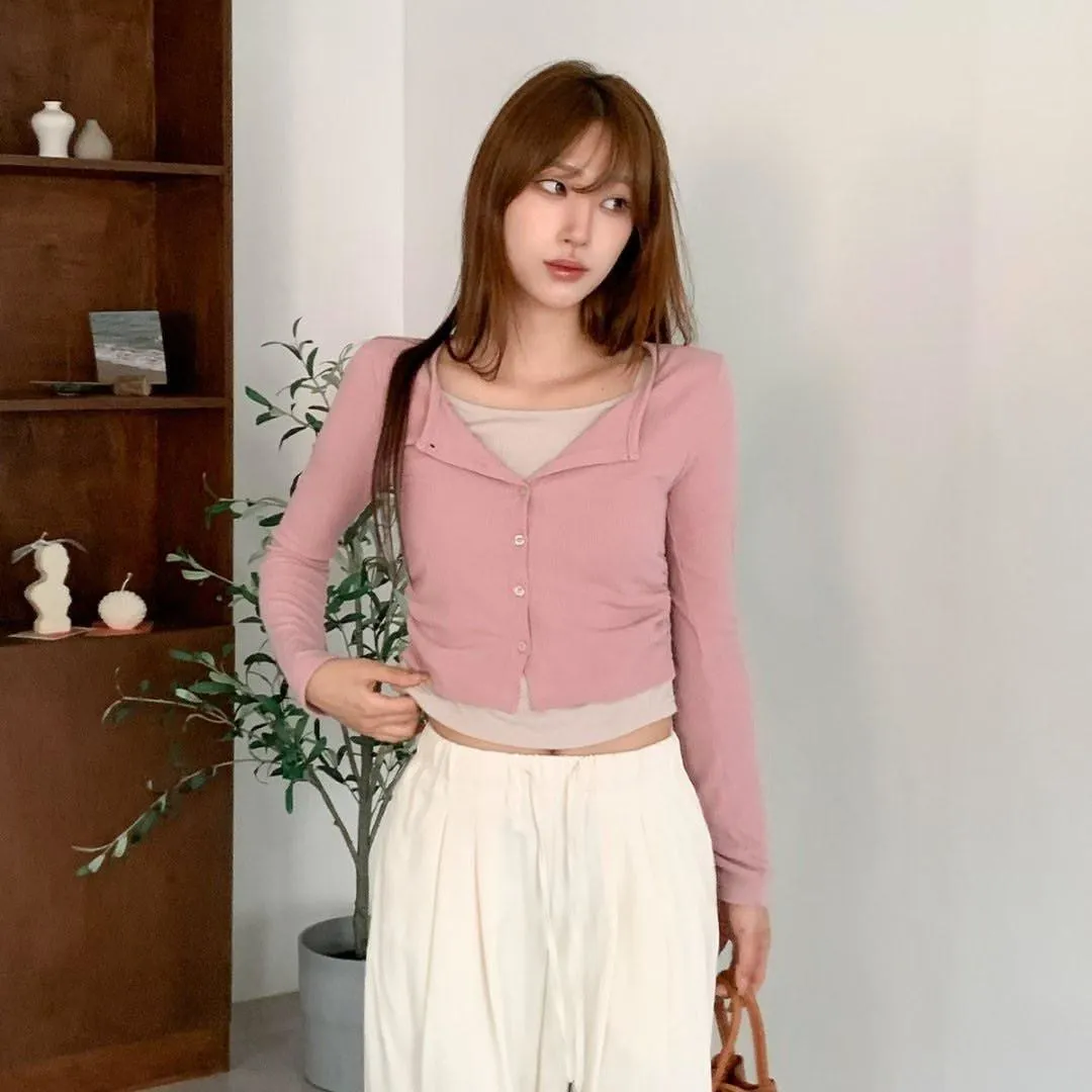 正韓拼色背心假兩件開衫