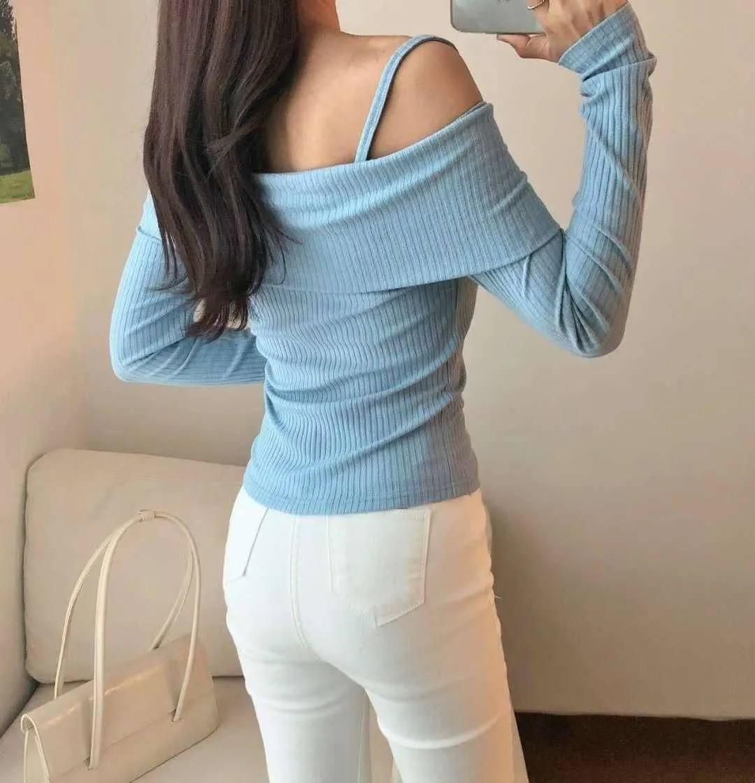 正韓翻領一字肩上衣