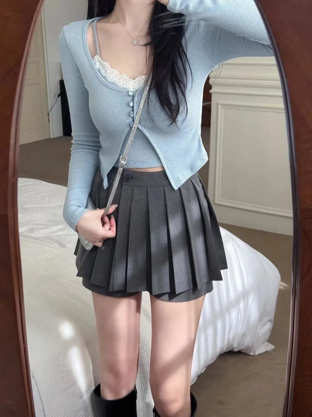 正韓貝貝蕾絲假兩件開衫