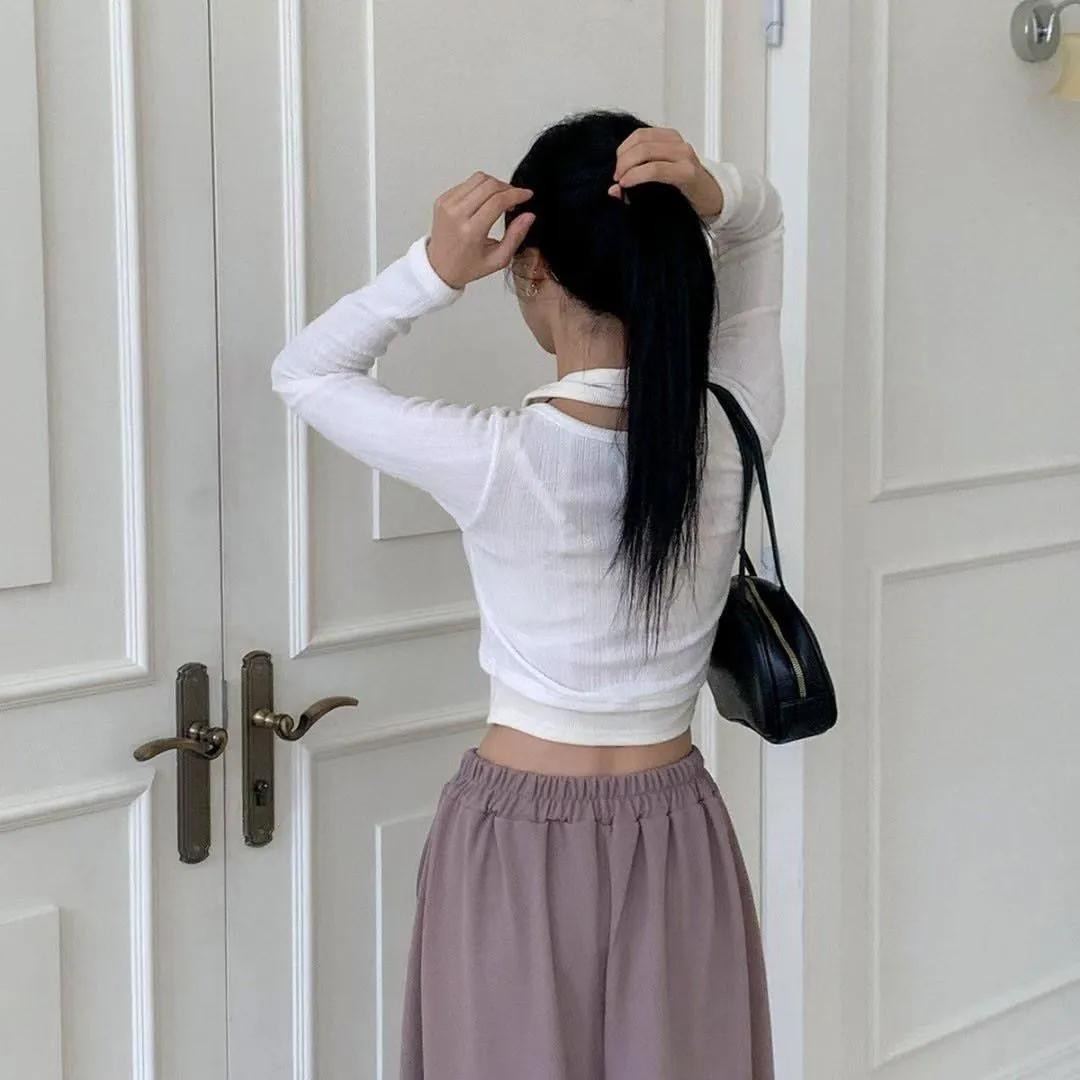 正韓掛脖假兩件層疊上衣